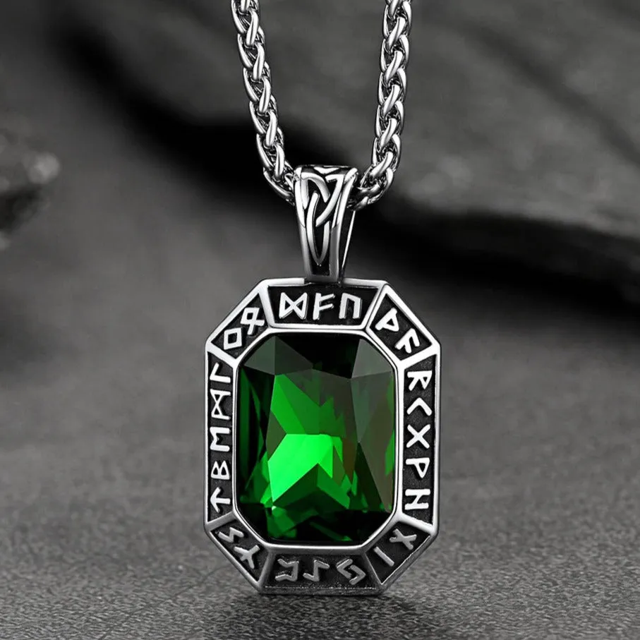 Engraved Gemstone Dog Tag Necklace with Viking Runes For Men