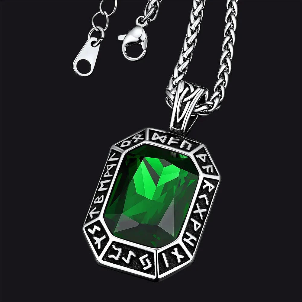 Engraved Gemstone Dog Tag Necklace with Viking Runes For Men