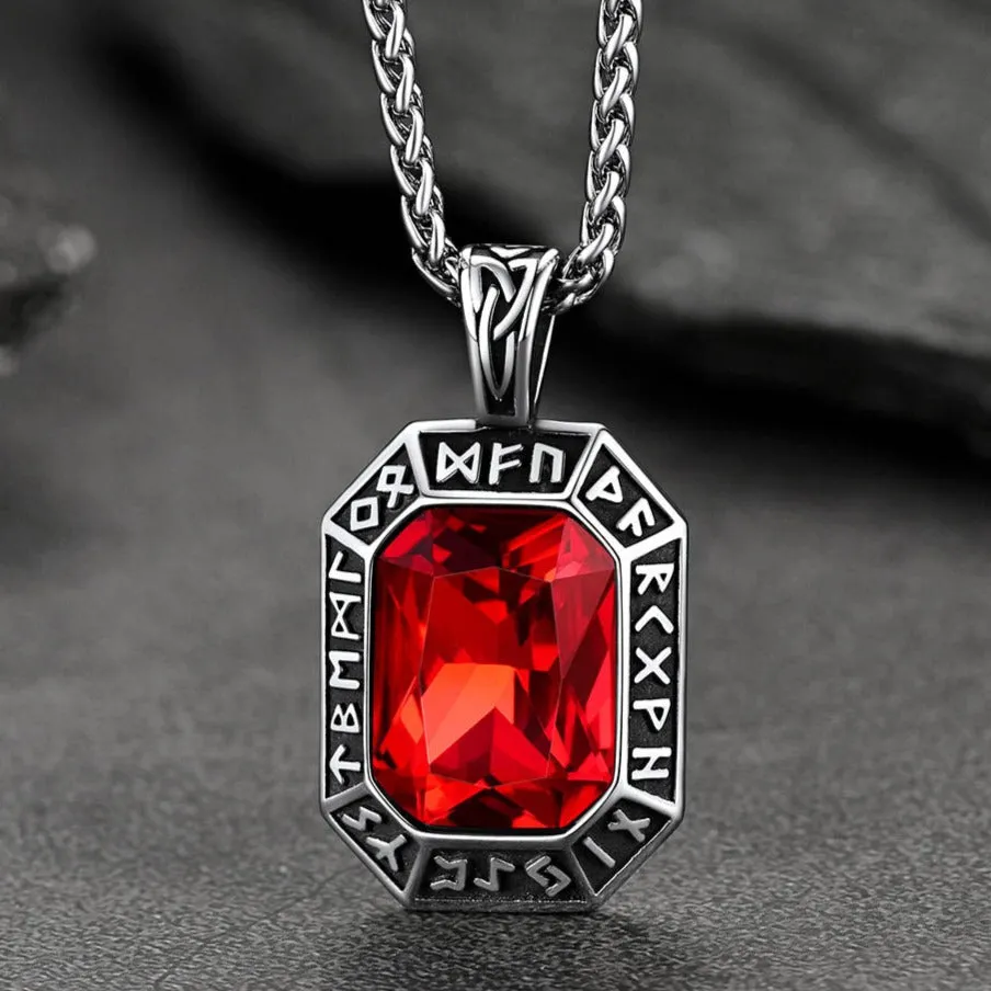 Engraved Gemstone Dog Tag Necklace with Viking Runes For Men