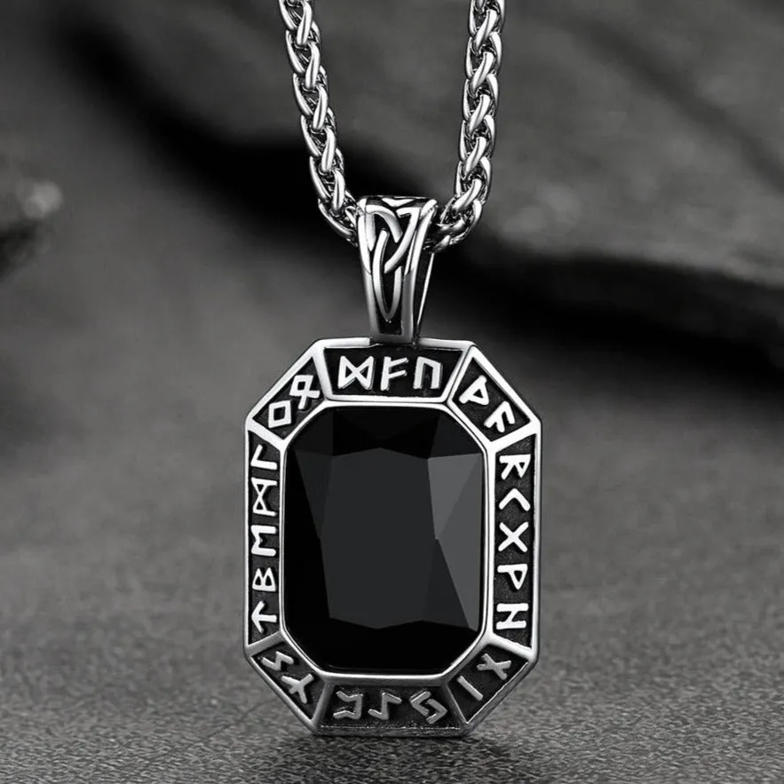 Engraved Gemstone Dog Tag Necklace with Viking Runes For Men