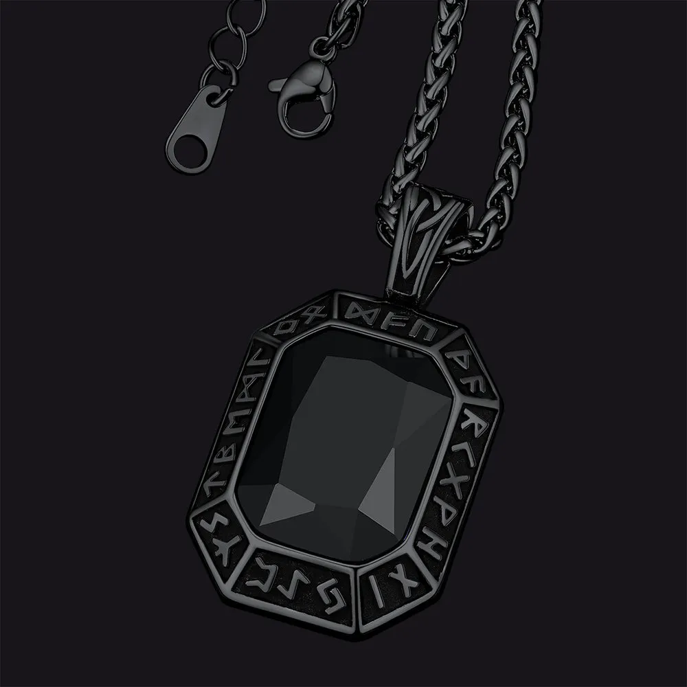 Engraved Gemstone Dog Tag Necklace with Viking Runes For Men