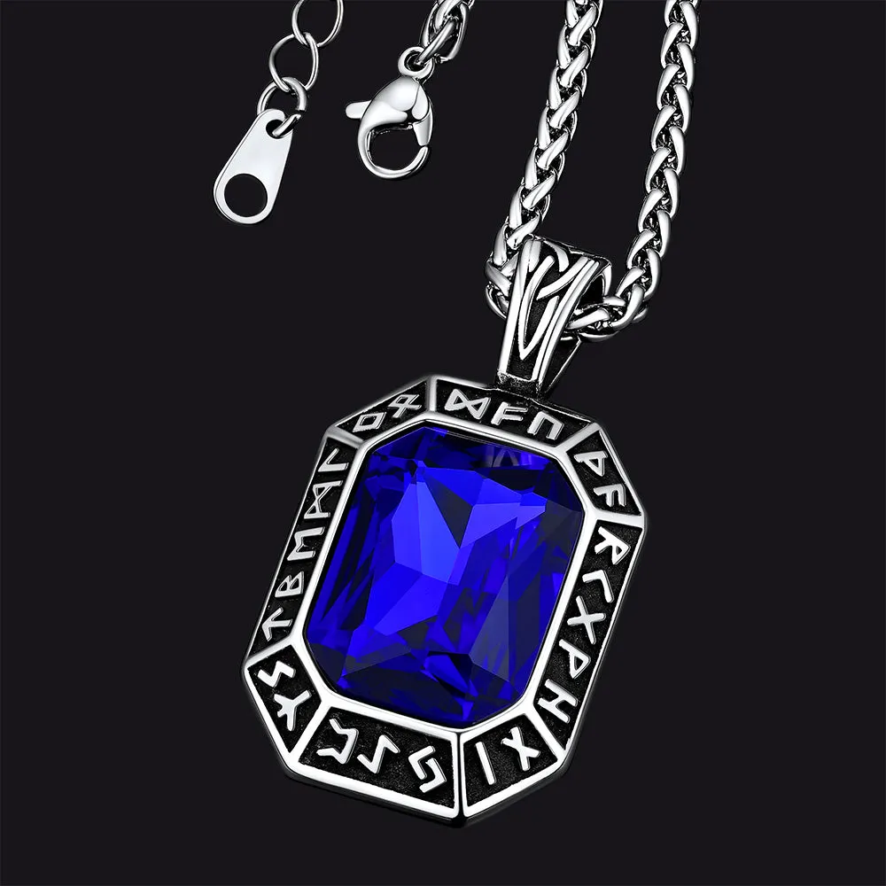 Engraved Gemstone Dog Tag Necklace with Viking Runes For Men