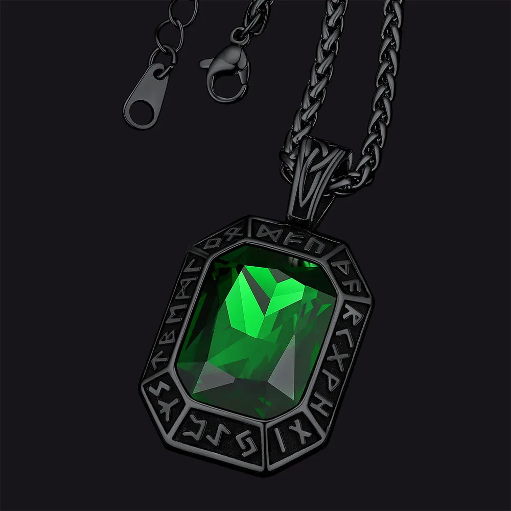 Engraved Gemstone Dog Tag Necklace with Viking Runes For Men