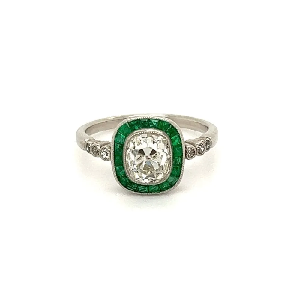 Estate Platinum Ring With 1.62ct Old Miner Cushion Diamond Ring With Emeralds at Regard Jewelry in