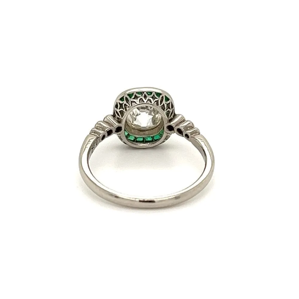 Estate Platinum Ring With 1.62ct Old Miner Cushion Diamond Ring With Emeralds at Regard Jewelry in