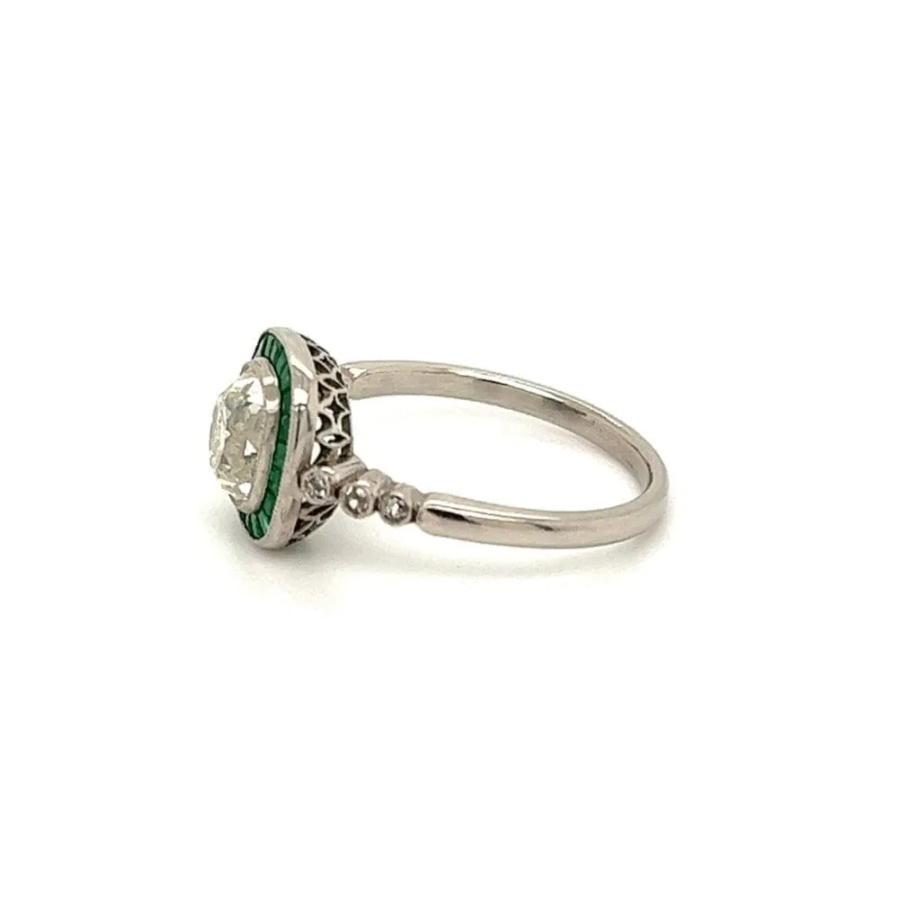 Estate Platinum Ring With 1.62ct Old Miner Cushion Diamond Ring With Emeralds at Regard Jewelry in