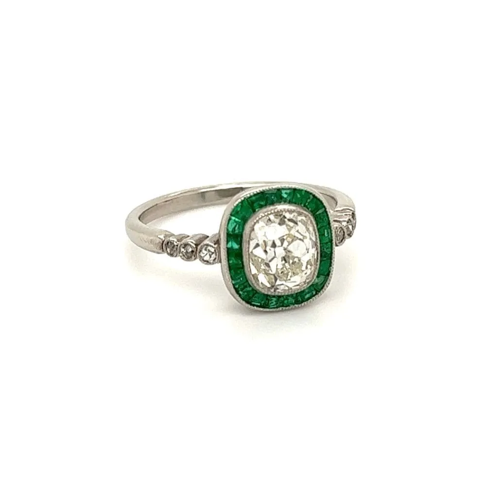 Estate Platinum Ring With 1.62ct Old Miner Cushion Diamond Ring With Emeralds at Regard Jewelry in