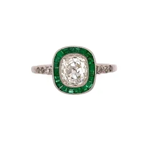 Estate Platinum Ring With 1.62ct Old Miner Cushion Diamond Ring With Emeralds at Regard Jewelry in