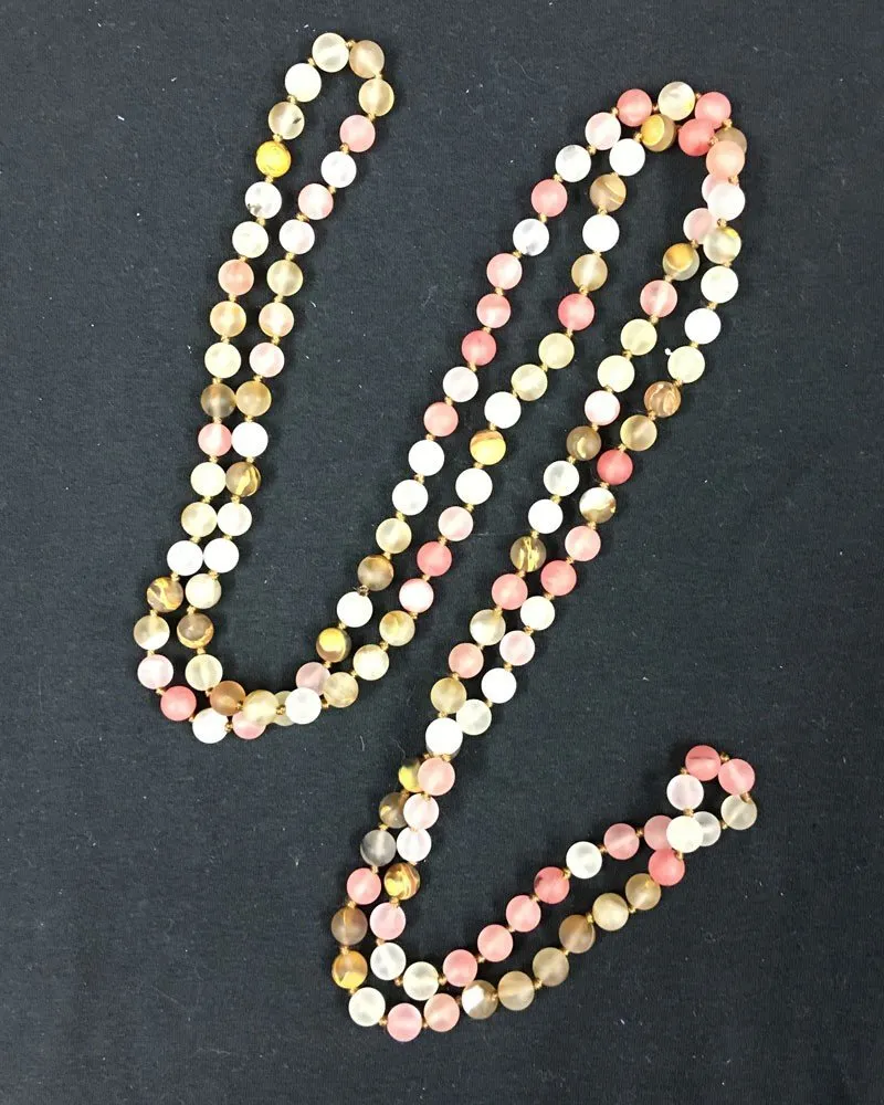 Extra Long Hand Knotted Rose Colored Natural Stone Beaded Necklace