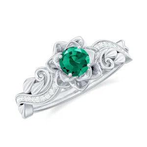 Flower Inspired Created Emerald Engagement Ring with Moissanite