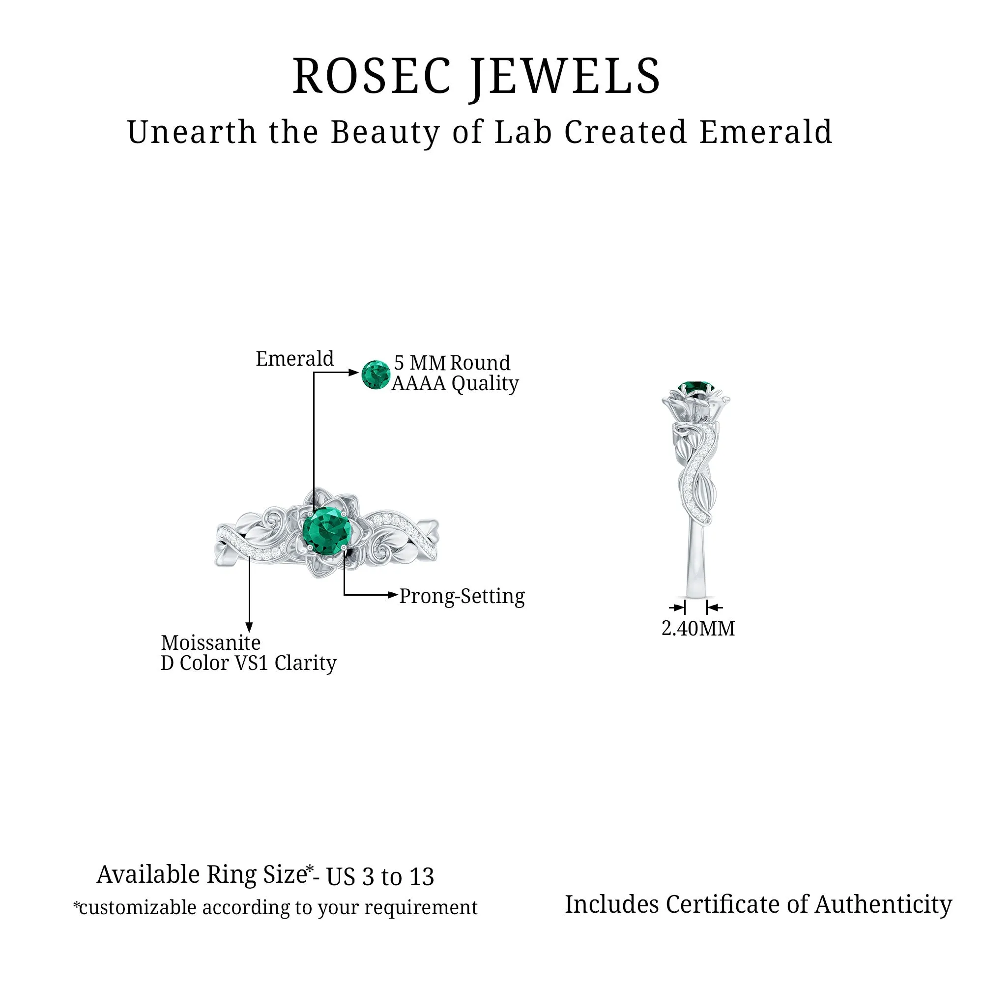 Flower Inspired Created Emerald Engagement Ring with Moissanite