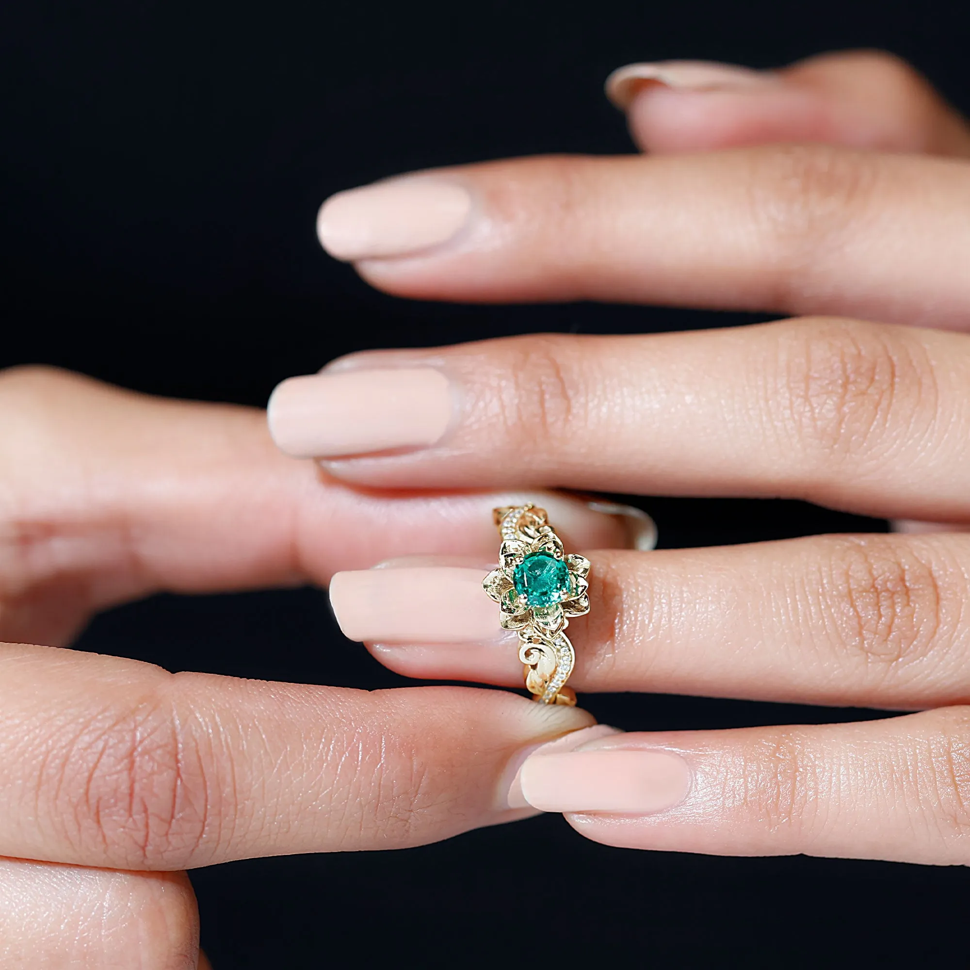 Flower Inspired Created Emerald Engagement Ring with Moissanite