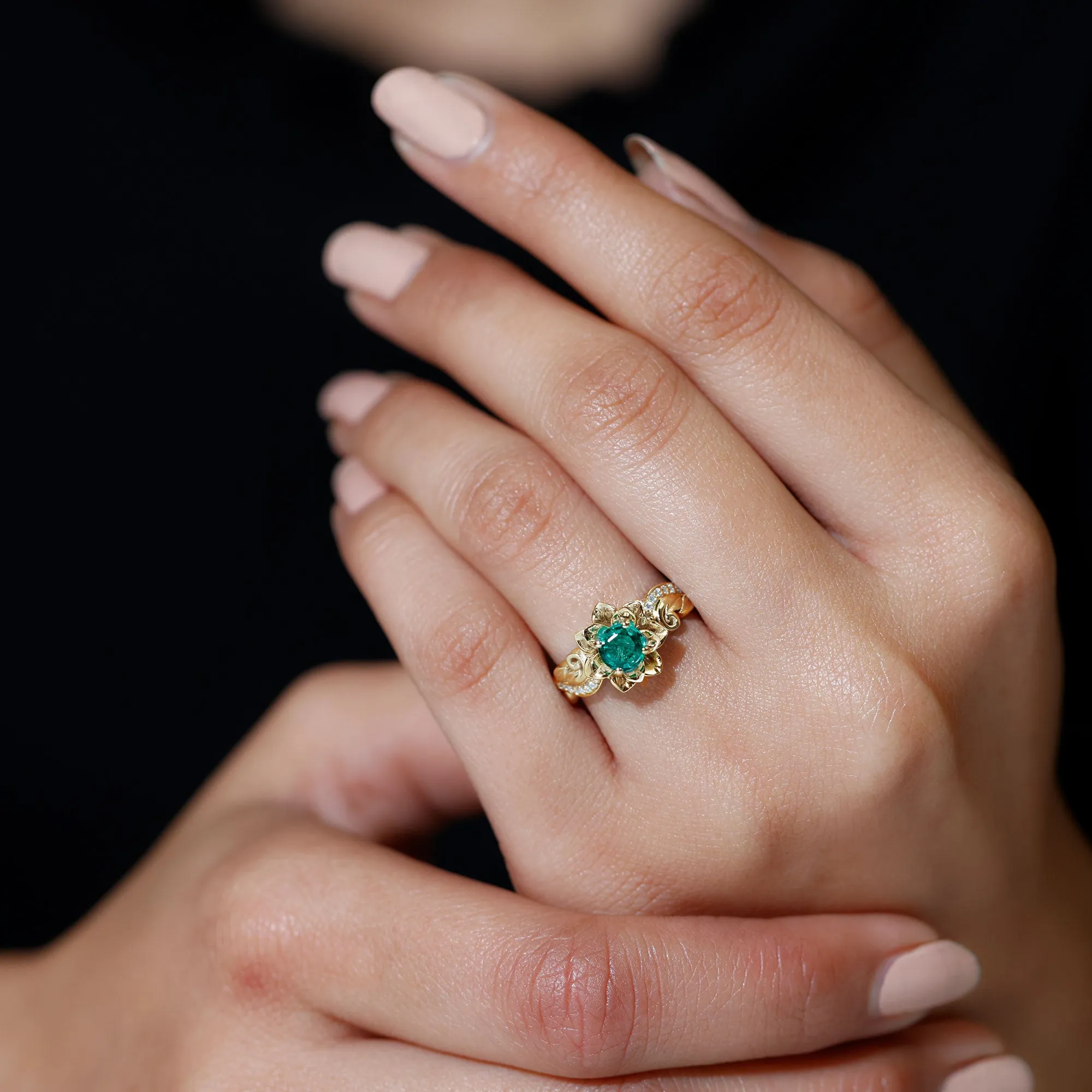 Flower Inspired Created Emerald Engagement Ring with Moissanite