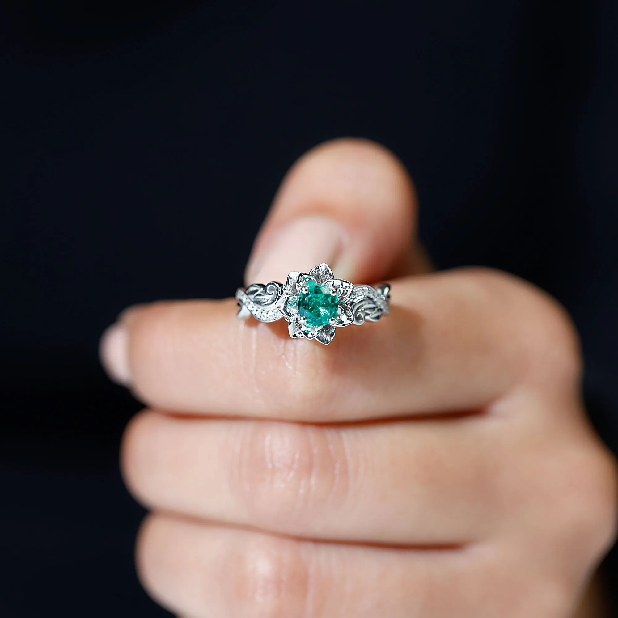 Flower Inspired Created Emerald Engagement Ring with Moissanite