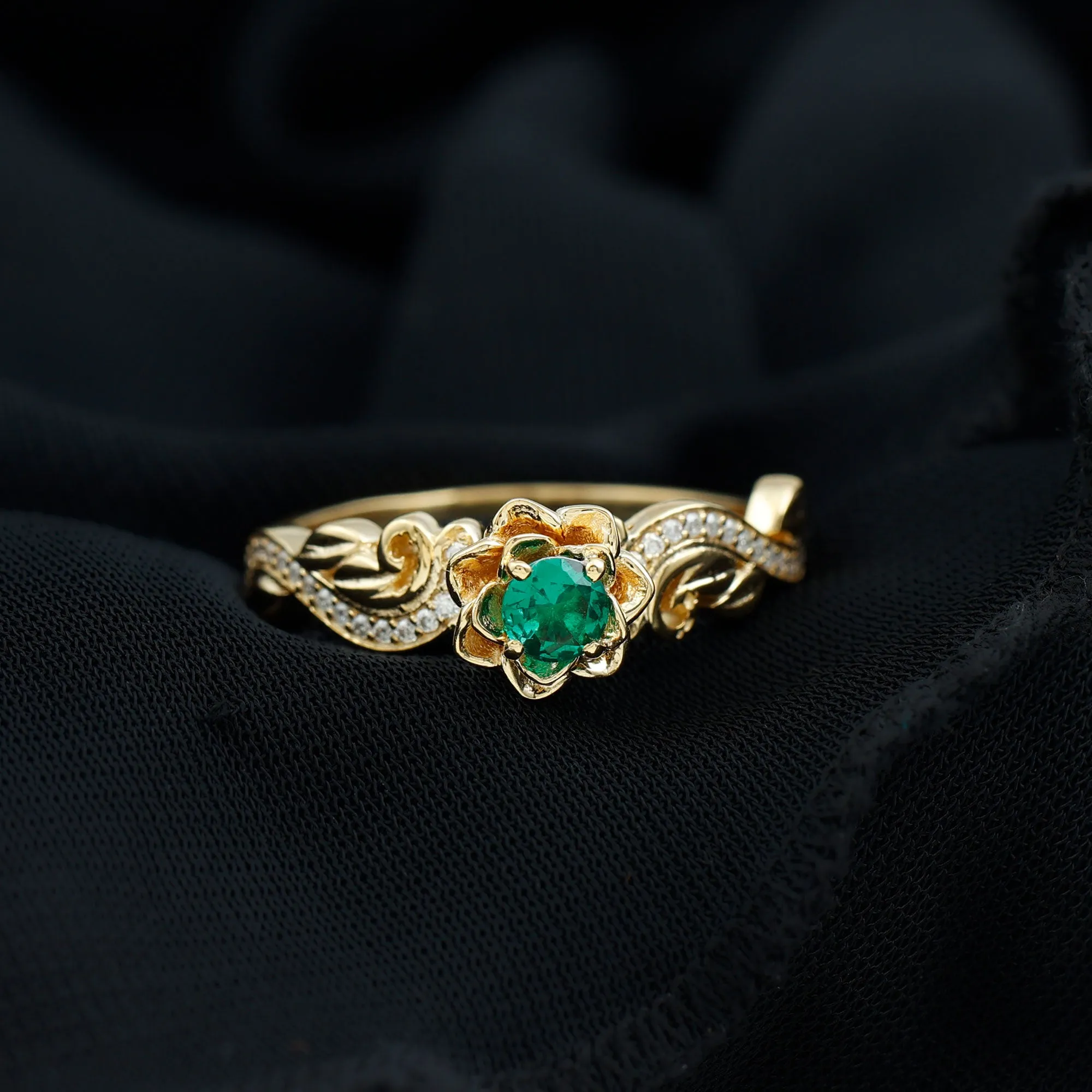 Flower Inspired Created Emerald Engagement Ring with Moissanite