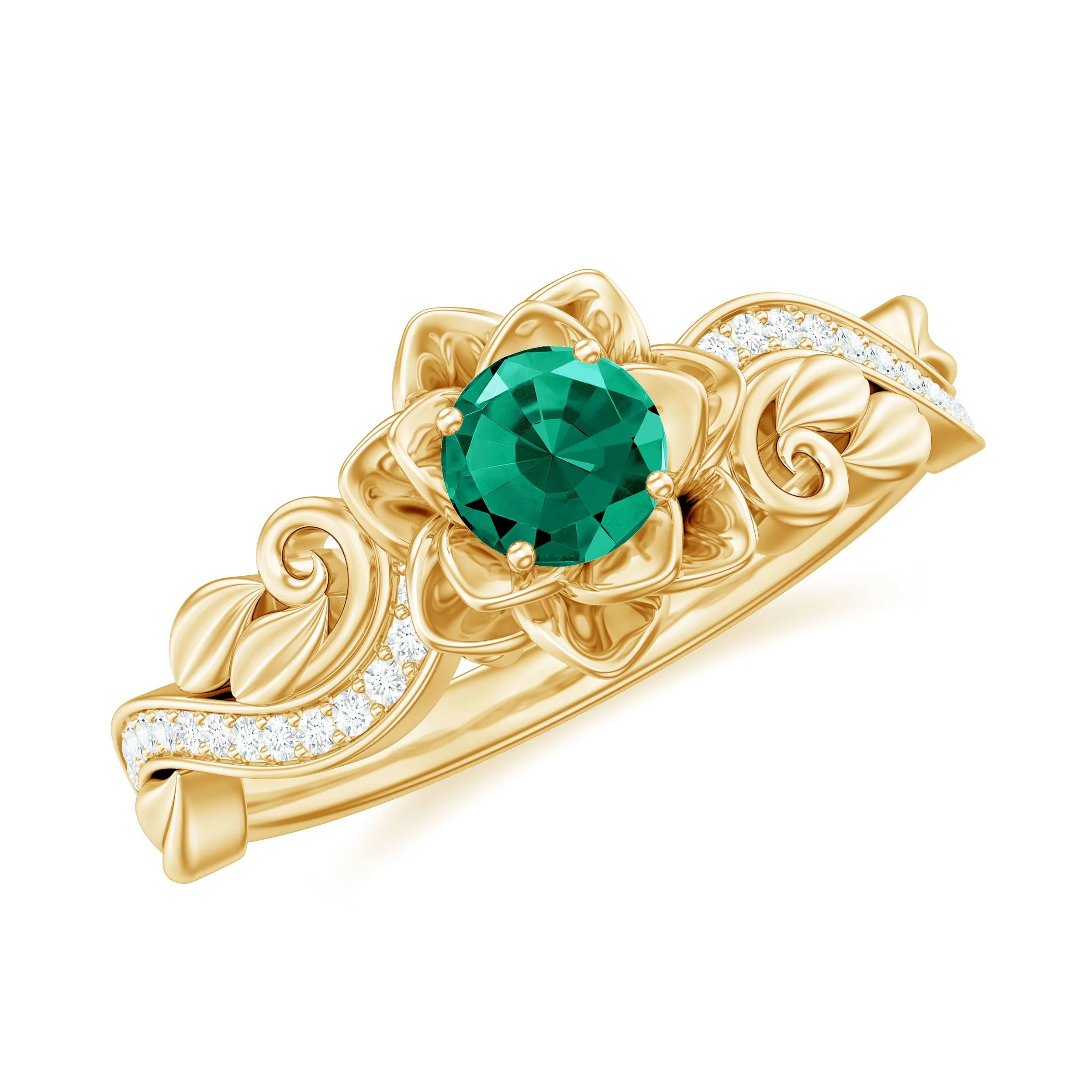 Flower Inspired Created Emerald Engagement Ring with Moissanite