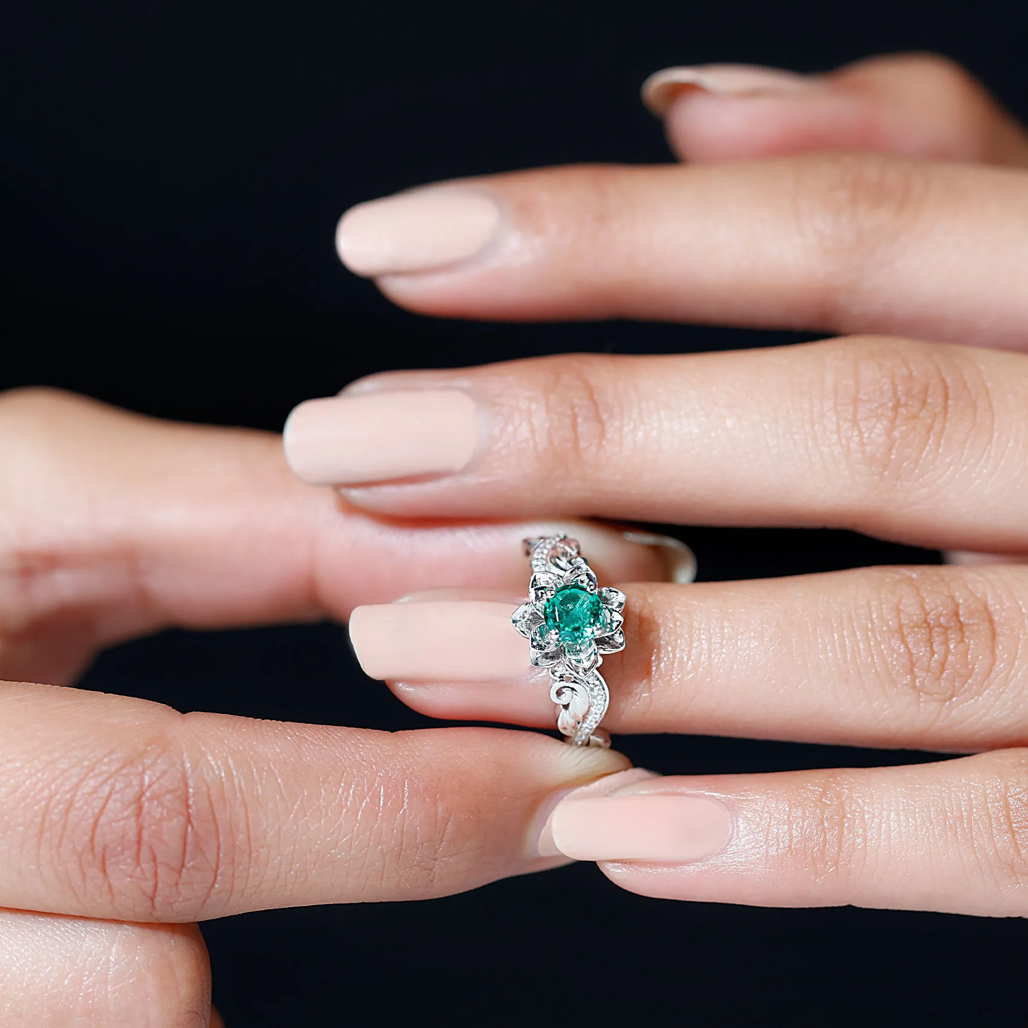 Flower Inspired Created Emerald Engagement Ring with Moissanite