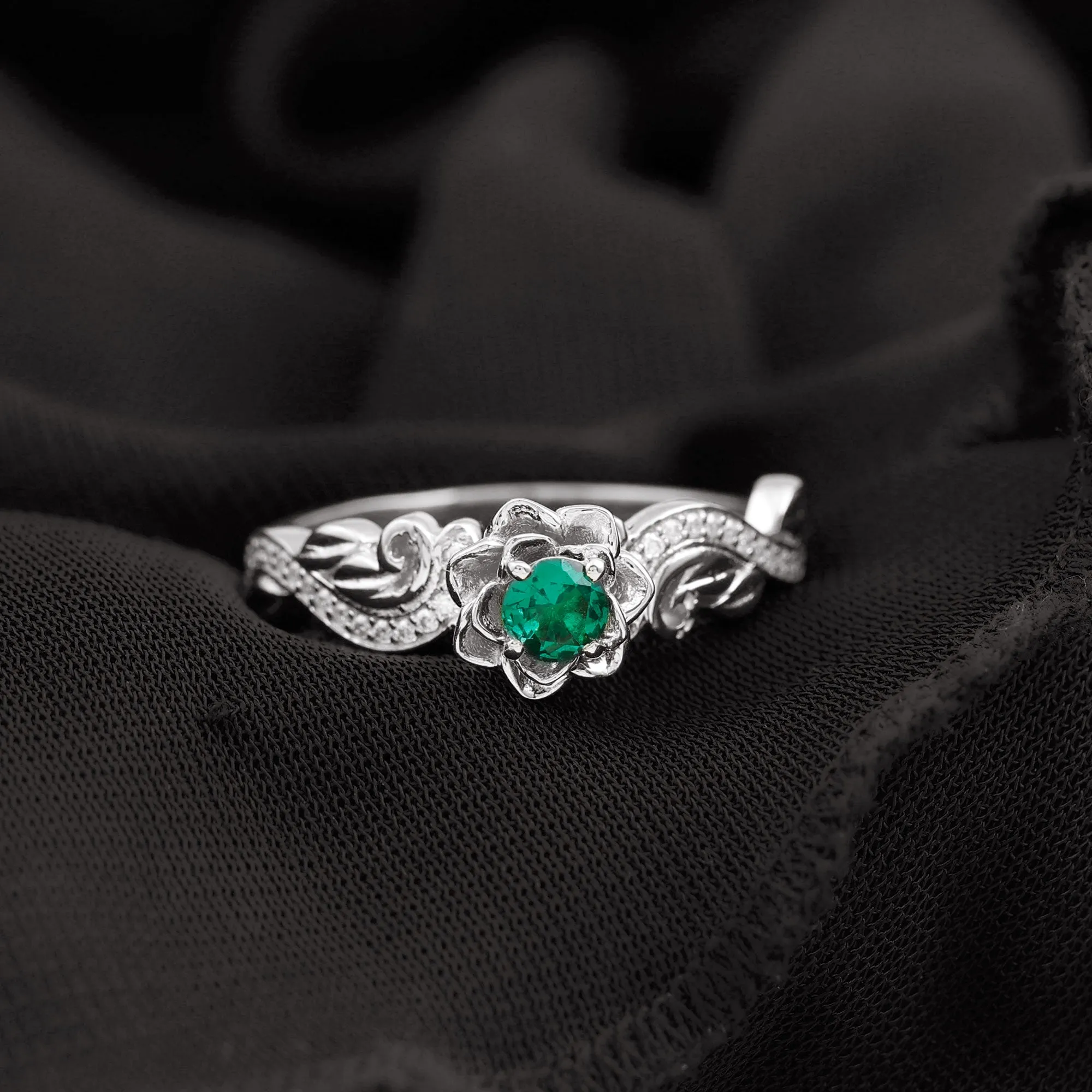 Flower Inspired Created Emerald Engagement Ring with Moissanite