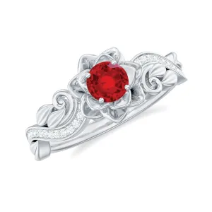 Flower Inspired Created Ruby and Diamond Engagement Ring