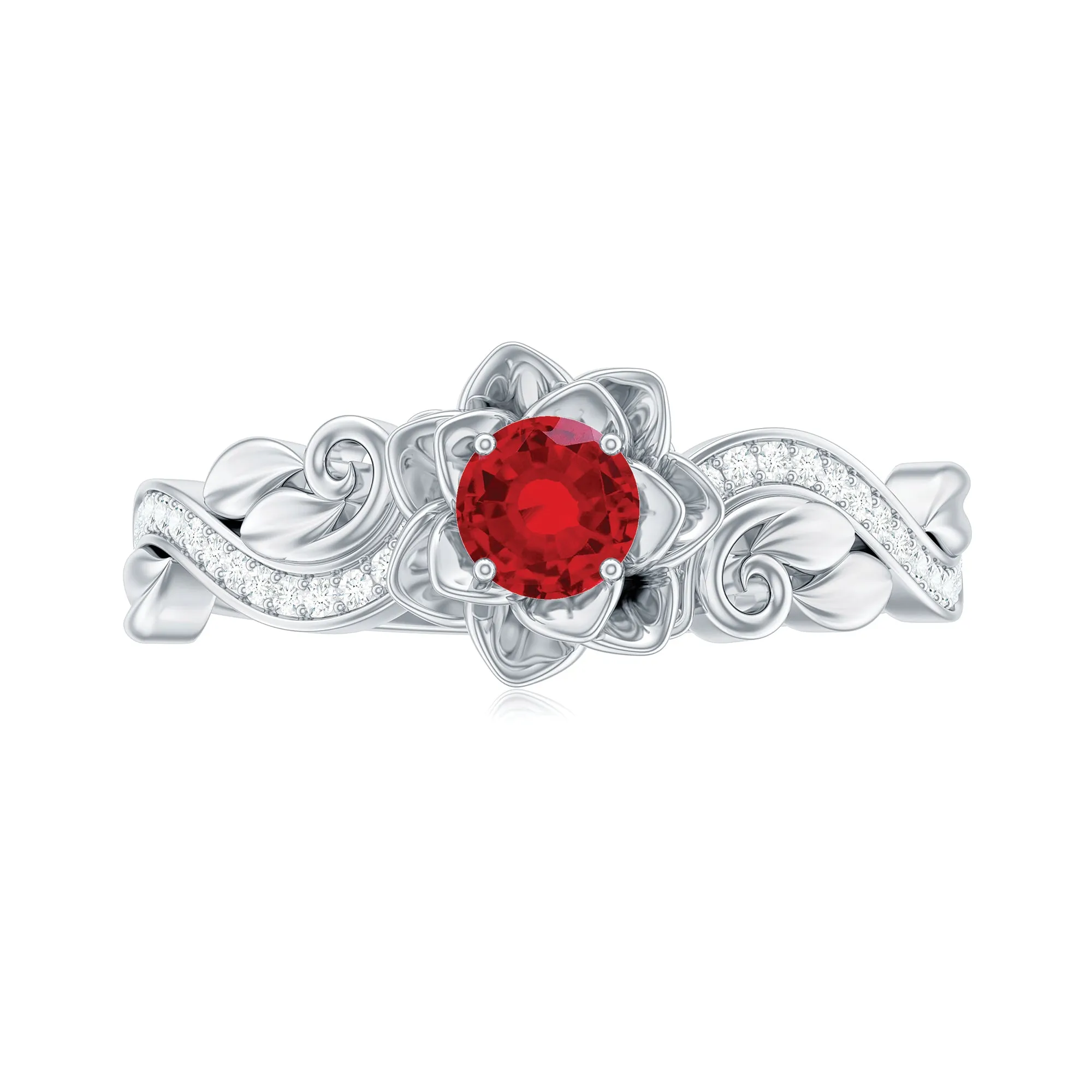 Flower Inspired Created Ruby and Diamond Engagement Ring