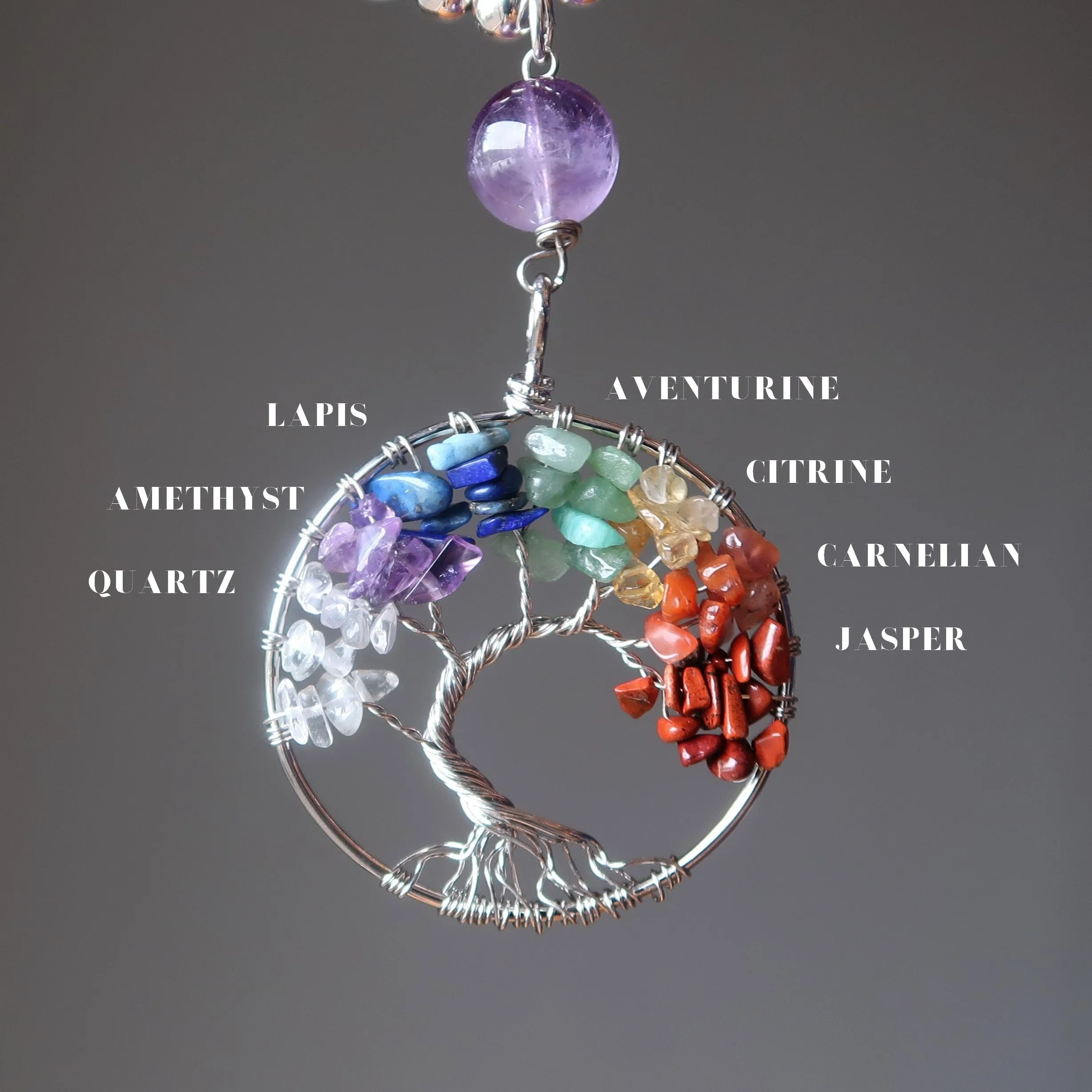 Fluorite Chakra Necklace Tree of Life Rainbow Healing Stones