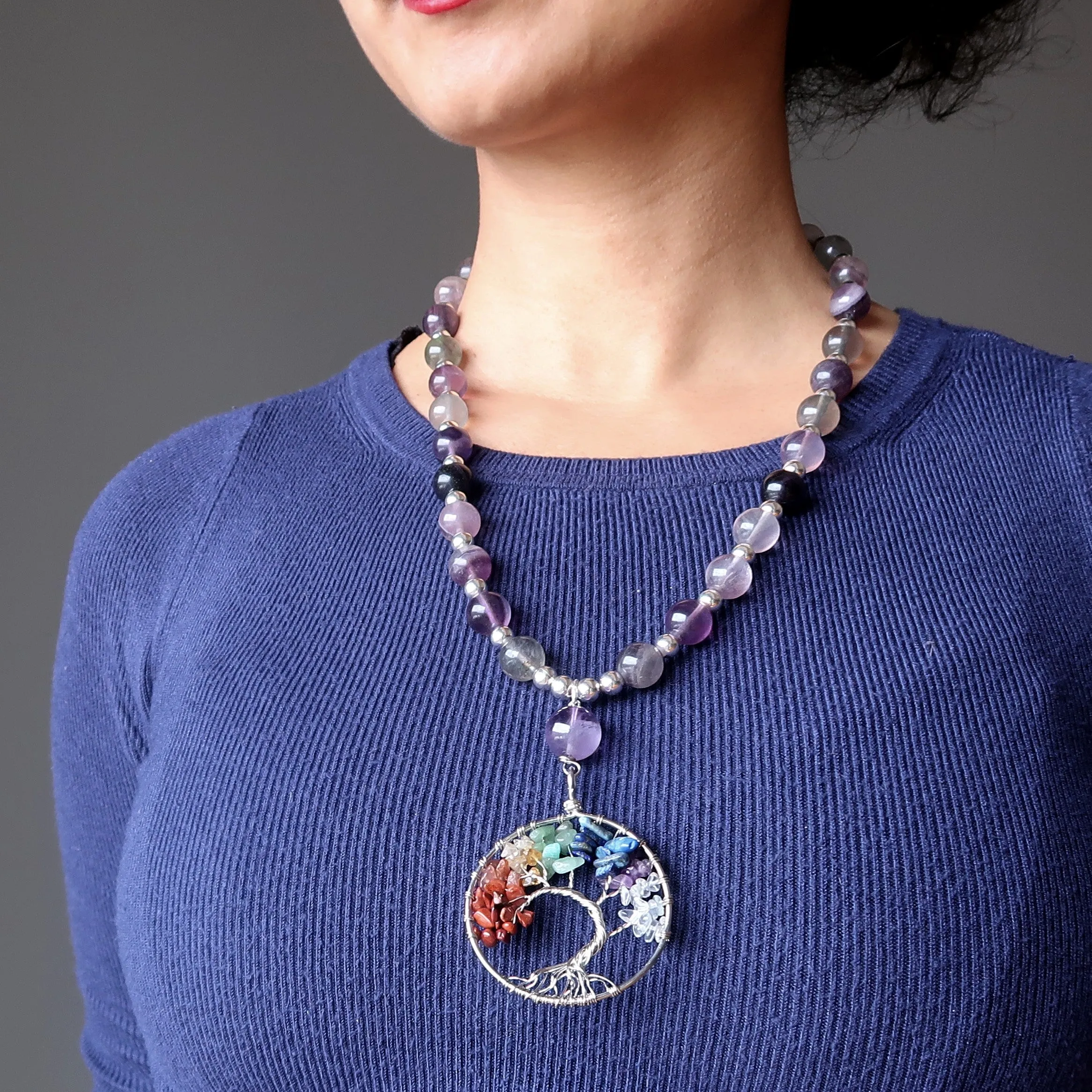 Fluorite Chakra Necklace Tree of Life Rainbow Healing Stones