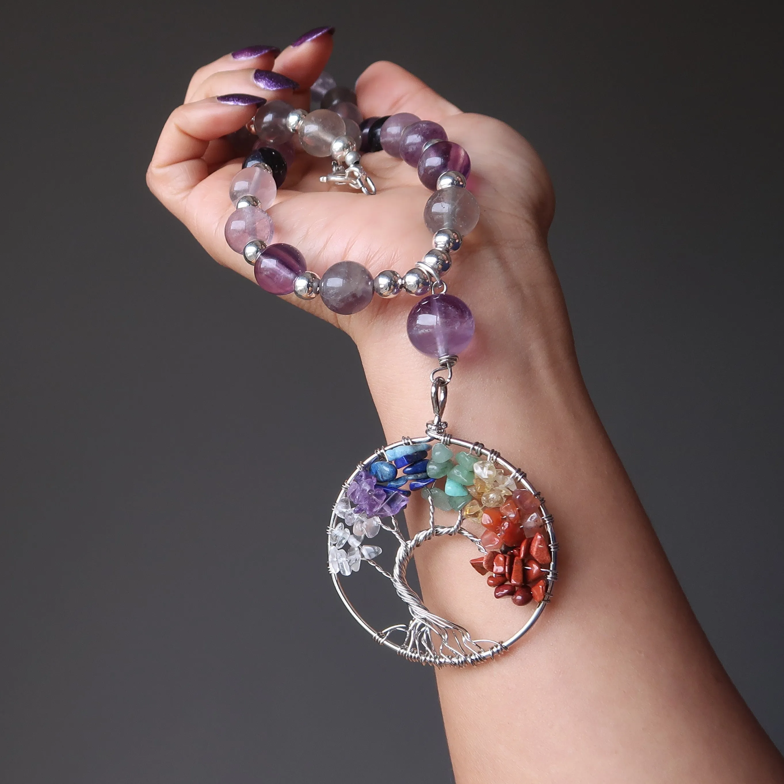Fluorite Chakra Necklace Tree of Life Rainbow Healing Stones