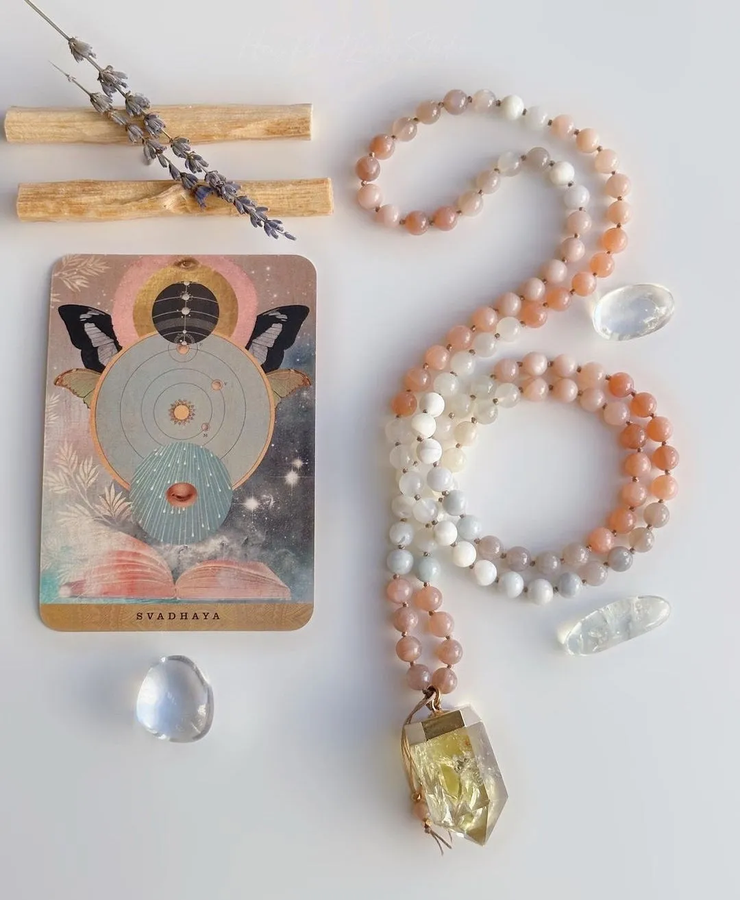 Full Moon Mala in 24K Rose Gold Hamsa Pendant Necklace