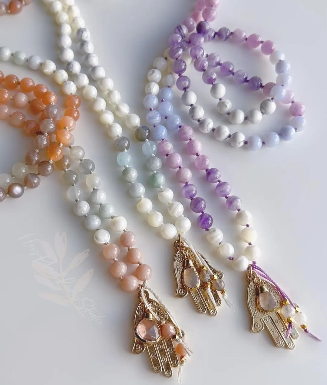 Full Moon Mala in 24K Rose Gold Hamsa Pendant Necklace