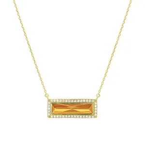 Gold Finish Sterling Silver Necklace with Rectangular Simulated Citrine Stone and Simulated Diamonds on 16" - 18" Chain