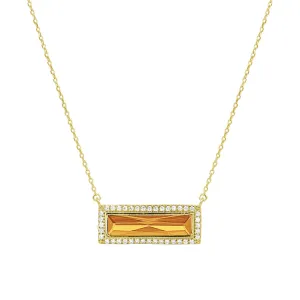 Gold Finish Sterling Silver Necklace with Rectangular Simulated Citrine Stone and Simulated Diamonds on 16" - 18" Chain
