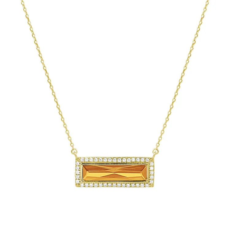 Gold Finish Sterling Silver Necklace with Rectangular Simulated Citrine Stone and Simulated Diamonds on 16" - 18" Chain