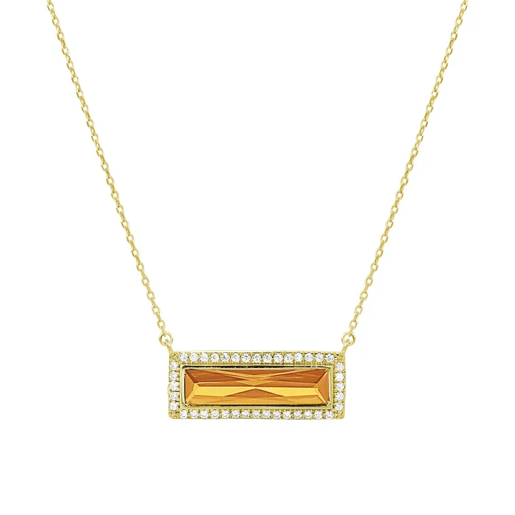 Gold Finish Sterling Silver Necklace with Rectangular Simulated Citrine Stone and Simulated Diamonds on 16" - 18" Chain