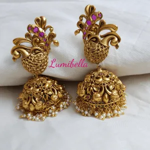 Golden Matte Peacock Jhumka Earrings with Ruby Stones