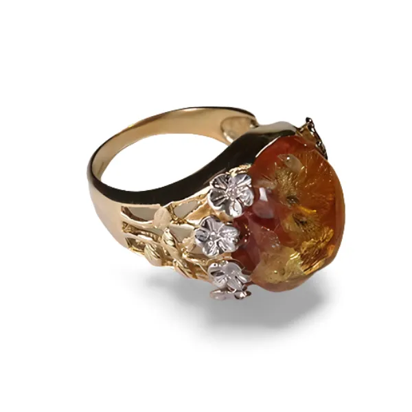 Gorgeous Estate 14K Two-Tone 2-Tone Gold Cabochon Amber Diamond Floral Ring Band