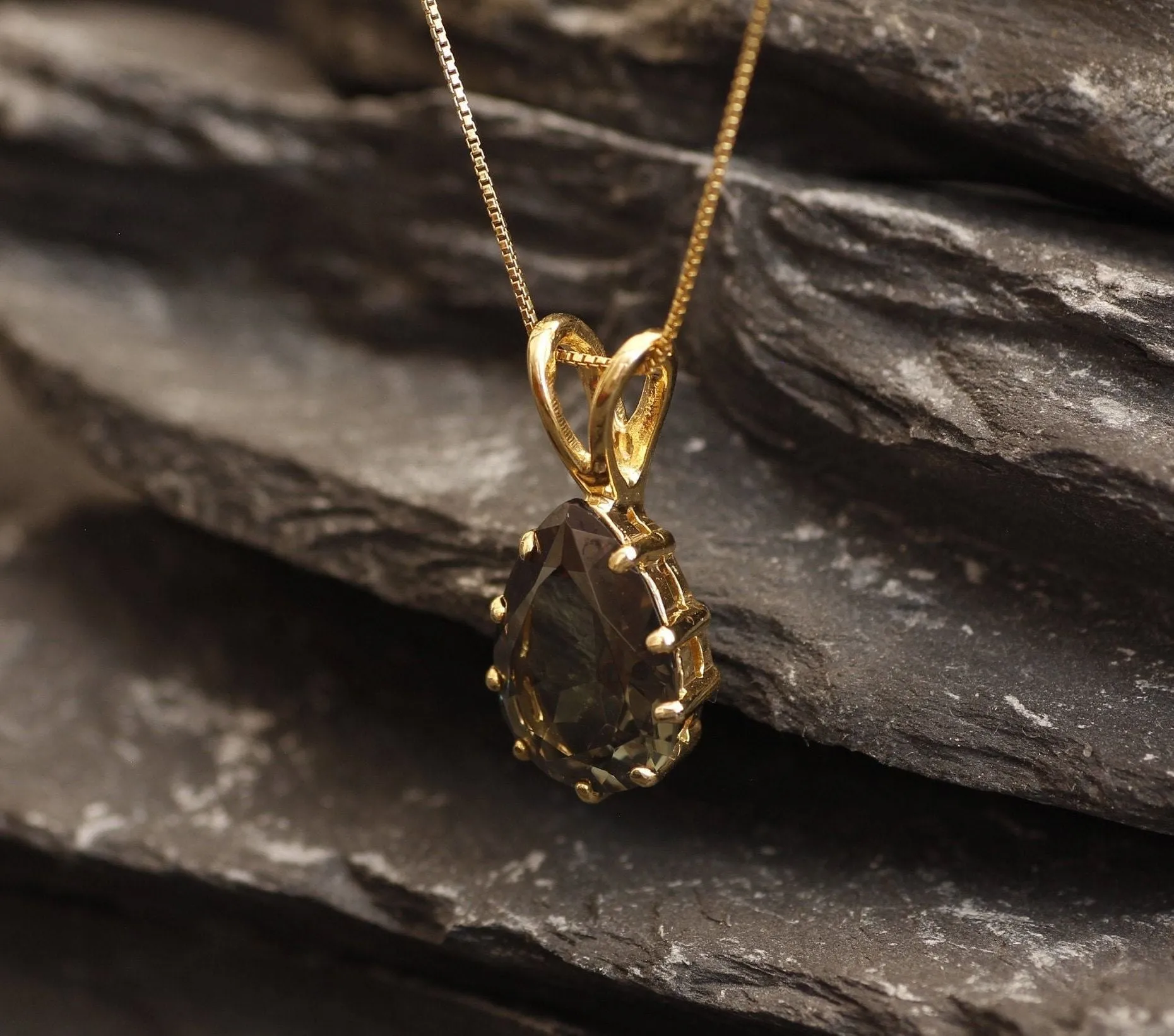 Green Diamond Pendant - Gold Diamond Necklace, Green Diamond Teardrop Pendant