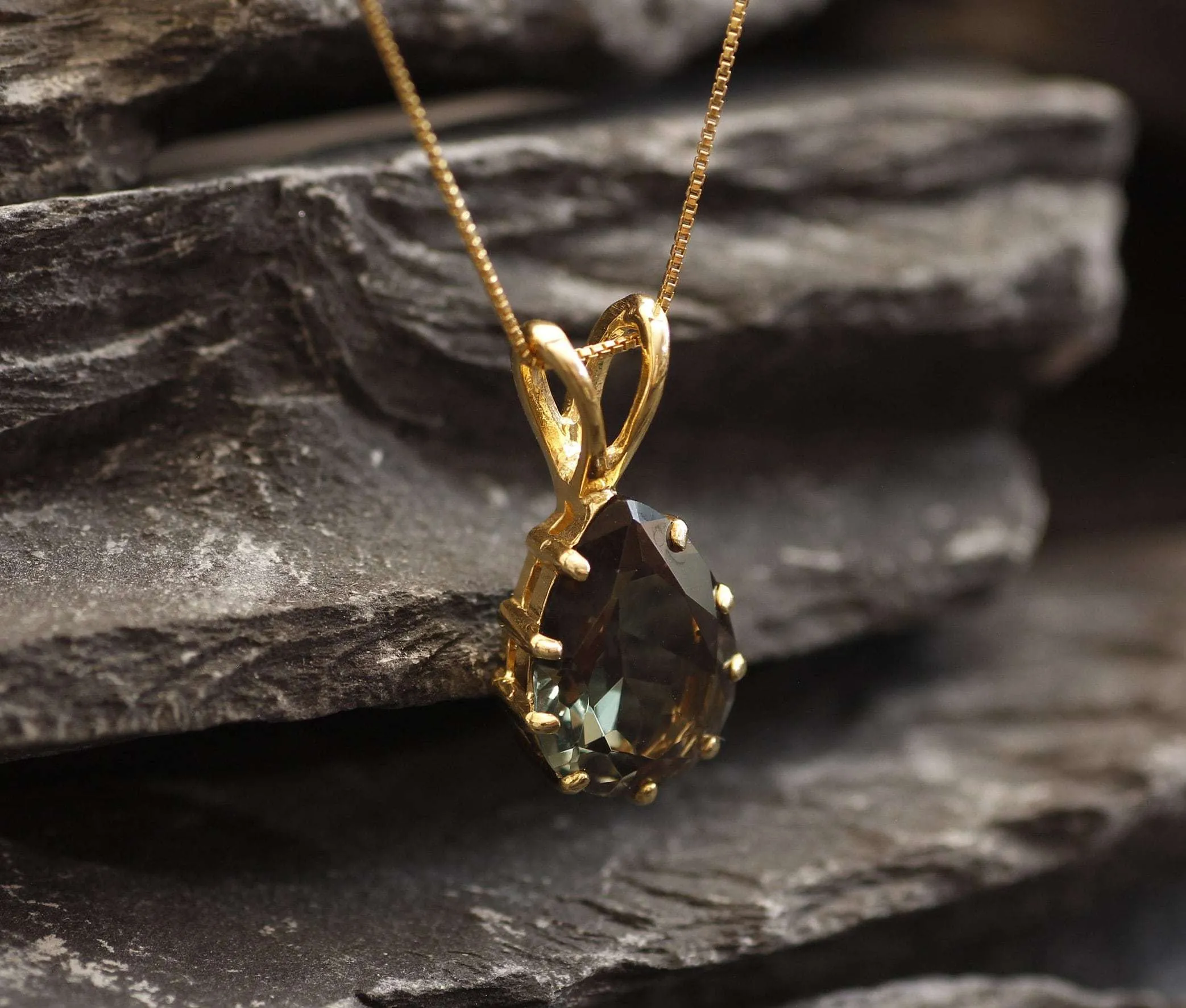 Green Diamond Pendant - Gold Diamond Necklace, Green Diamond Teardrop Pendant