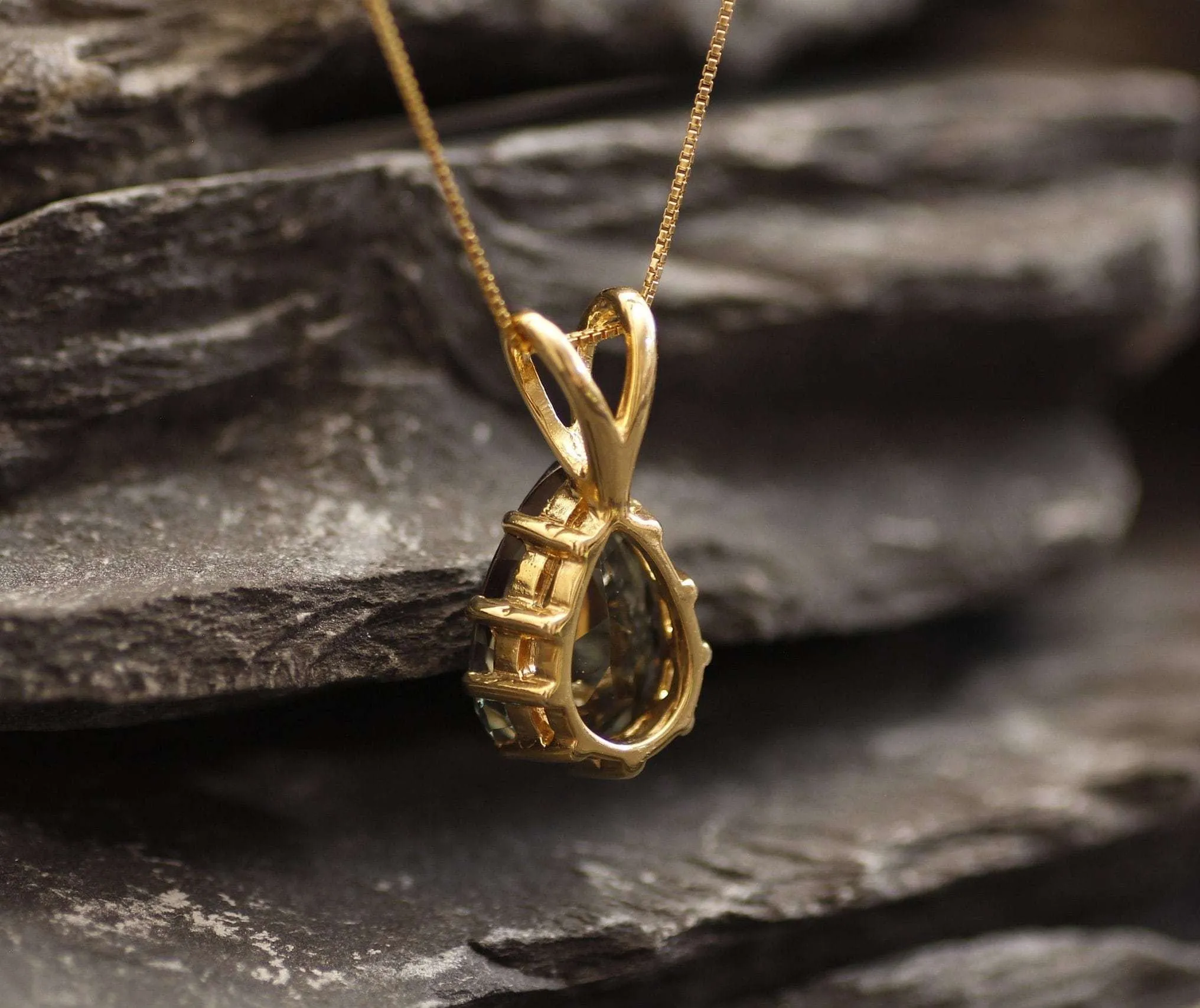 Green Diamond Pendant - Gold Diamond Necklace, Green Diamond Teardrop Pendant