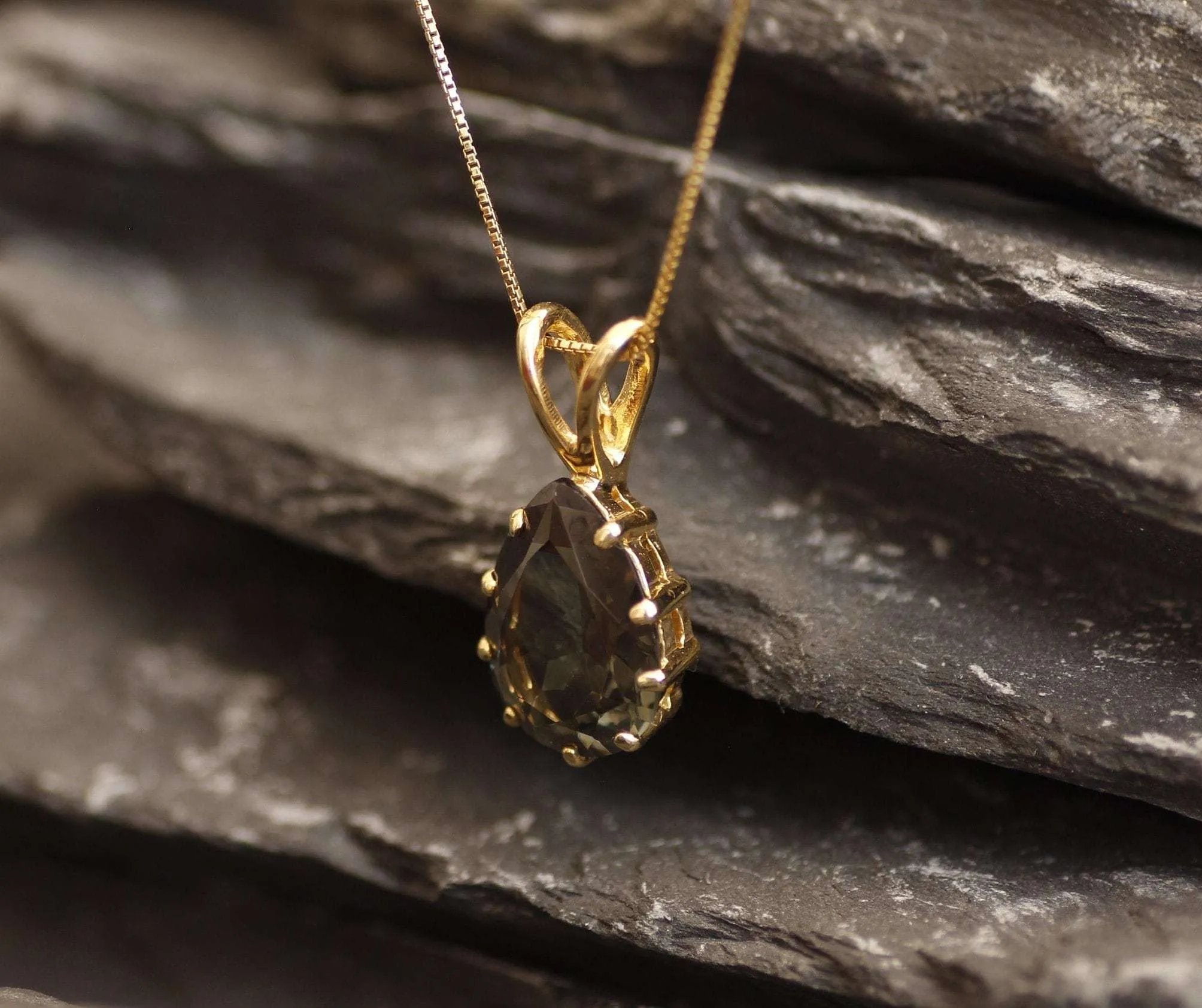 Green Diamond Pendant - Gold Diamond Necklace, Green Diamond Teardrop Pendant