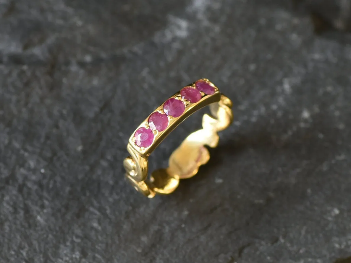 Half Eternity Ruby Ring - Gold Vintage Band, Natural Ruby Ring, Bohemian Gold Ring