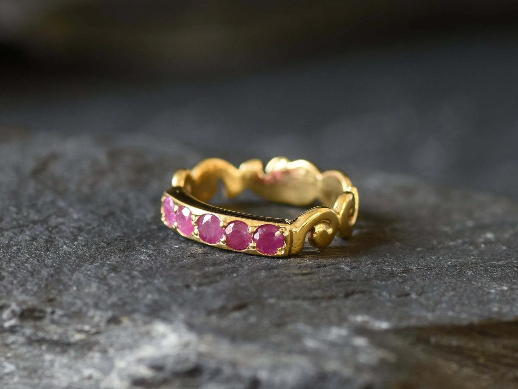 Half Eternity Ruby Ring - Gold Vintage Band, Natural Ruby Ring, Bohemian Gold Ring