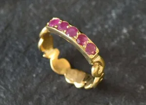 Half Eternity Ruby Ring - Gold Vintage Band, Natural Ruby Ring, Bohemian Gold Ring