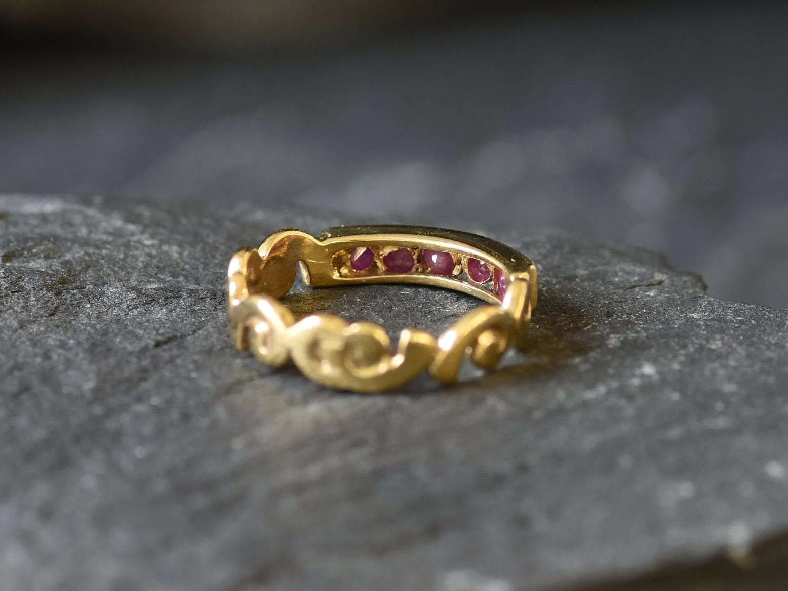 Half Eternity Ruby Ring - Gold Vintage Band, Natural Ruby Ring, Bohemian Gold Ring