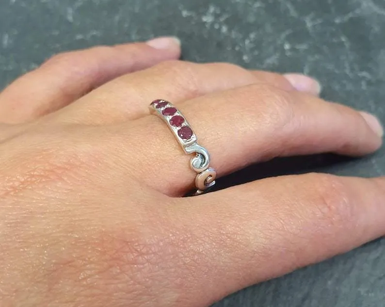 Half Eternity Ruby Ring - Gold Vintage Band, Natural Ruby Ring, Bohemian Gold Ring