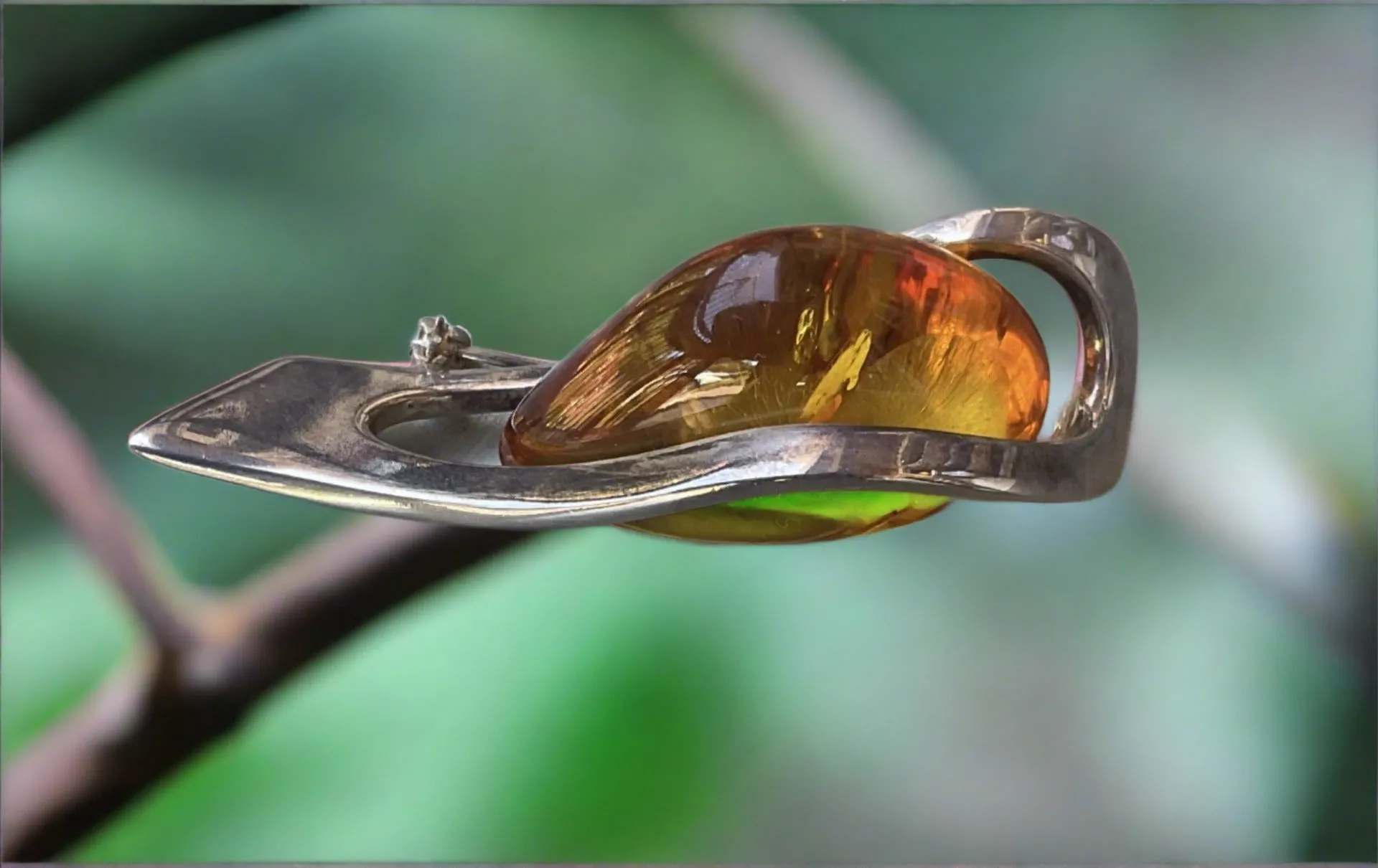 Hand Crafted Baltic Amber Pin In Sterling Silver