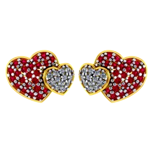 Heart-shaped 22k Gold Earrings With American Diamond And Ruby Detailing