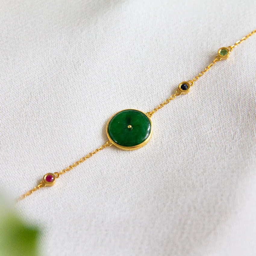 Jade Donut 18k Gold Bracelet with Ruby, Sapphire & Tsavorite