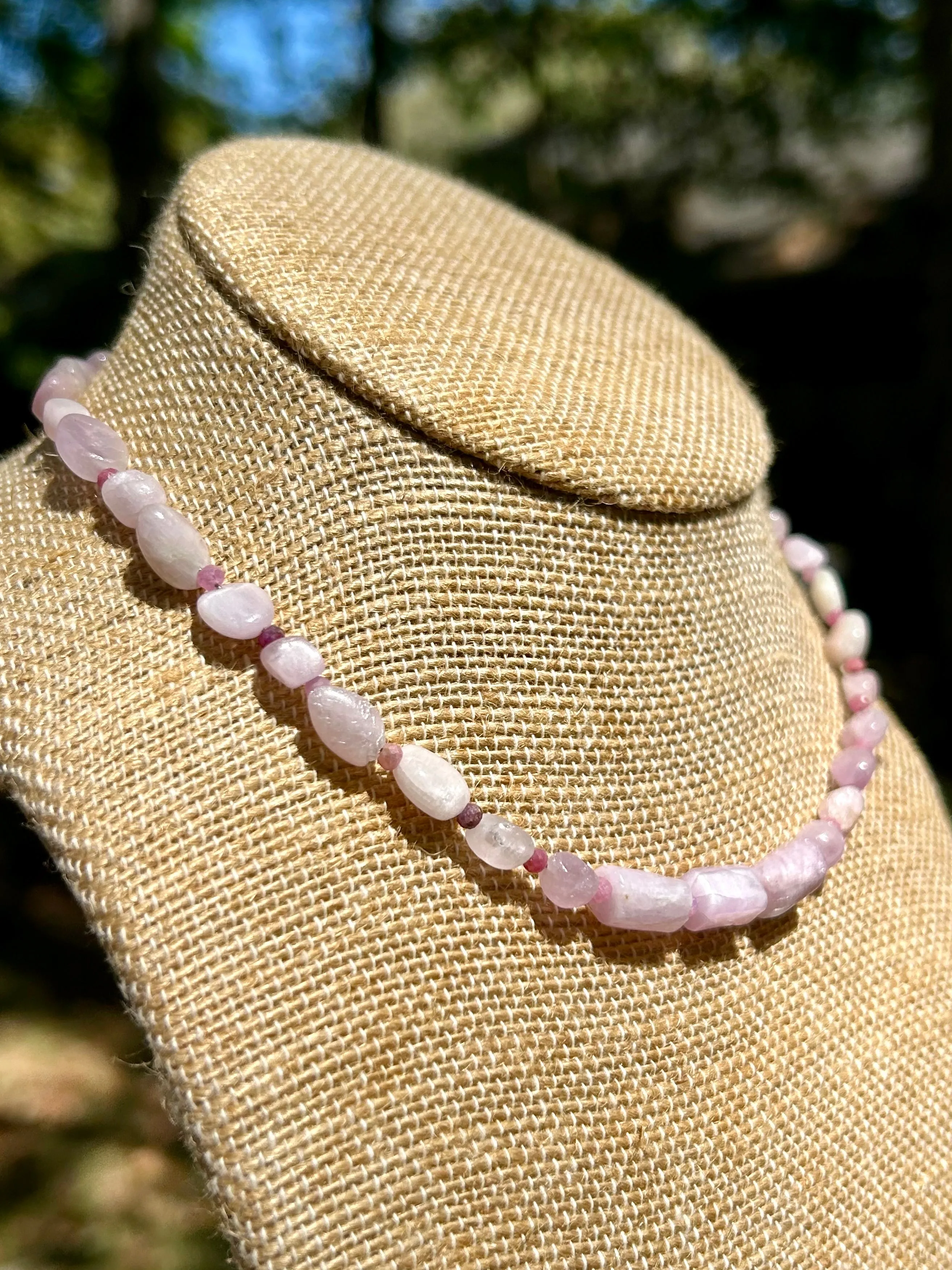 Kunzite & Ruby Gemstone Beaded Choker Style Necklace