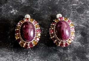 Large Ruby Earrings - Red Flower Earrings - Vintage Heavy Earrings