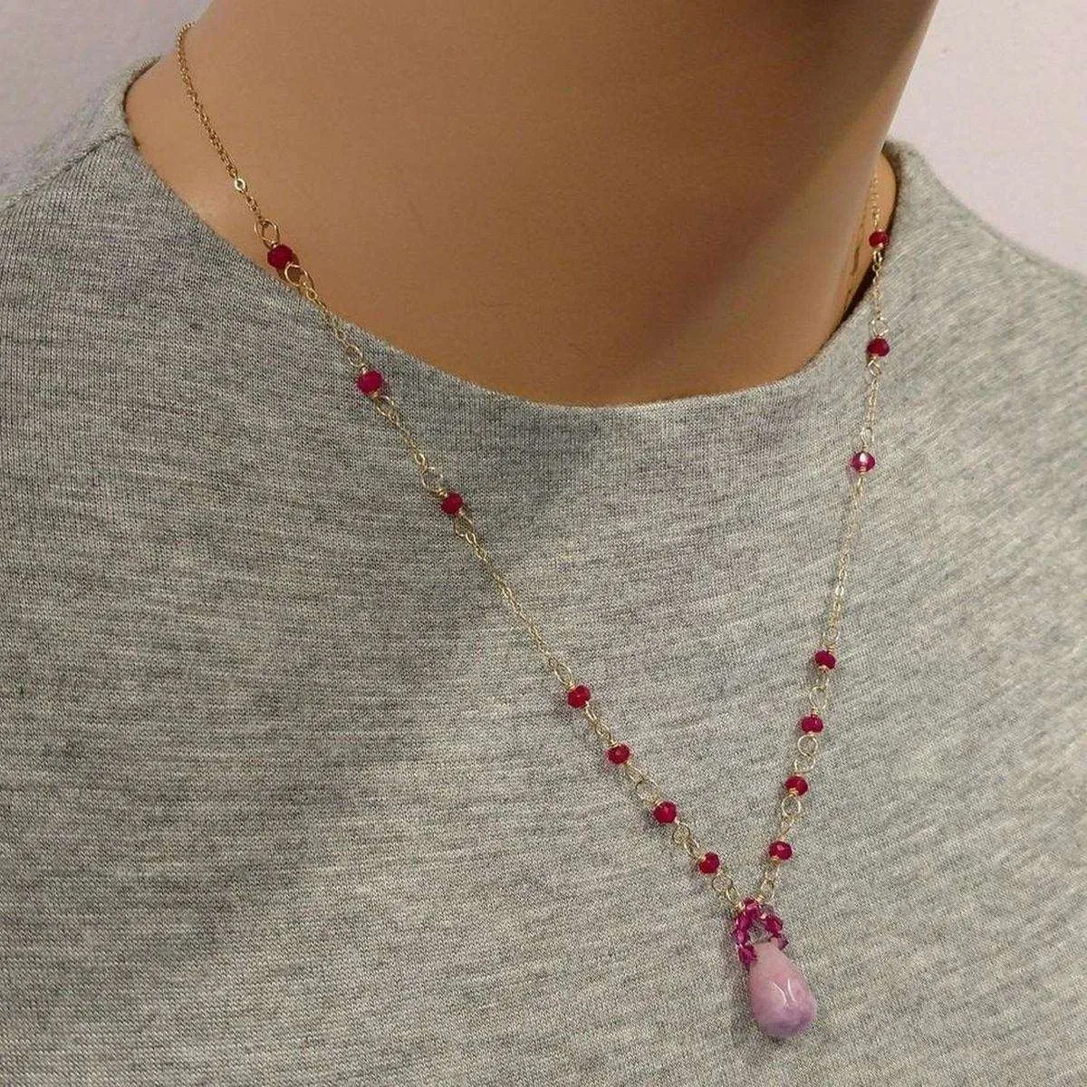 Lavender Jade Drop Gemstone Wire Wrapped 14KT Gold Filled Necklace